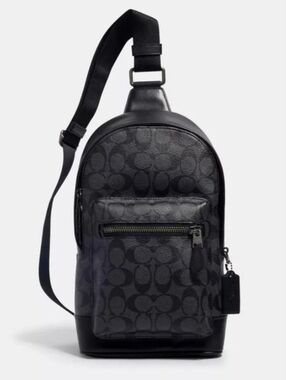 COACH Men's Unisex West Pack Signature Backpack Charcoal Black Logo